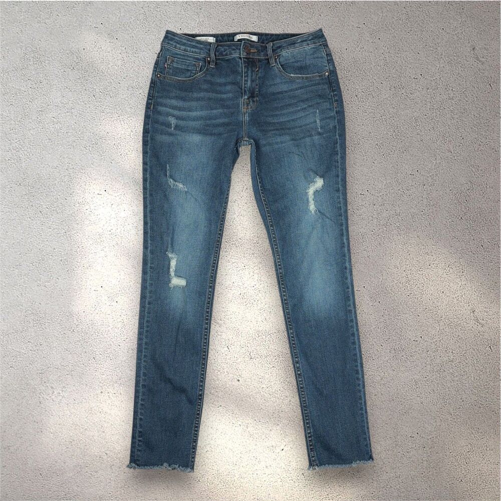 Vigoss Jagger Skinny Jeans Women's 29 Blue Distressed Raw Hem Stretch Denim EUC